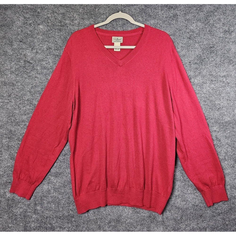 LL Bean Sweater Mens XL Regular Red Cotton Cotton Cashmere V Neck Festive